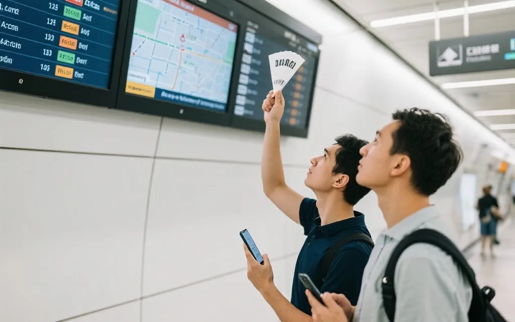 球迷在车站查看电子屏与手机地图的出行场景