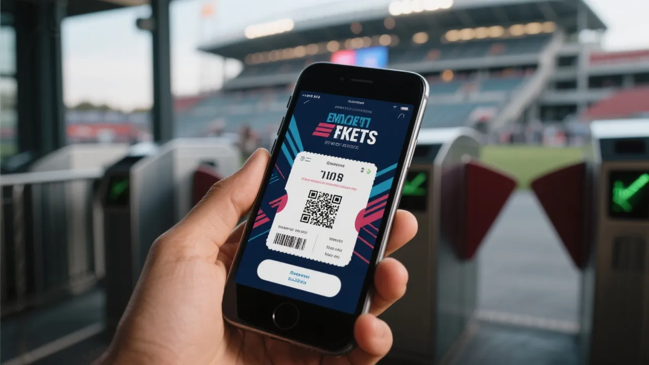 手机电子票与体育场闸机验票的场景，写实风格
